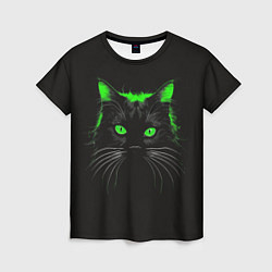 Женская футболка Черный кот в зеленом свечении