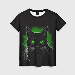 Женская футболка Портрет черного кота в зеленом свечении