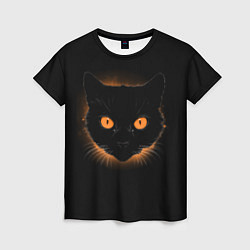 Женская футболка Портрет черного кота в оранжевом свечении