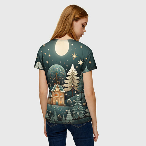 Женская футболка Снежная деревня в праздничном наряде / 3D-принт – фото 4