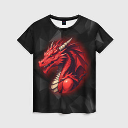 Женская футболка Красный дракон на полигональном черном фоне