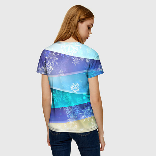 Женская футболка Абстрактный синий волнистый фон со снежинками / 3D-принт – фото 4