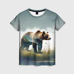 Женская футболка Минималистичный пейзаж с медведем акварель