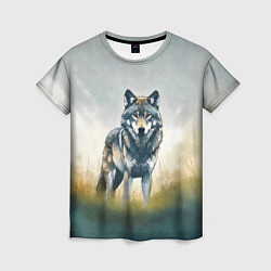 Женская футболка Минималистичный пейзаж с волком акварель