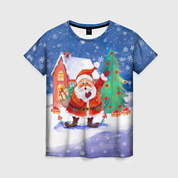 Женская футболка Дед Мороз с мешком и елкой
