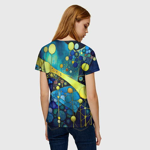 Женская футболка Абстракция в жёлто синих тонах с кругами и линиями / 3D-принт – фото 4