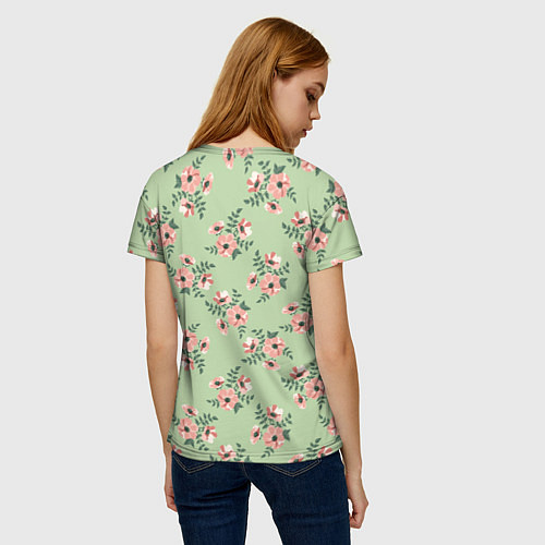 Женская футболка Паттерн с розовыми цветами на бледно-зеленом / 3D-принт – фото 4