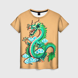 Женская футболка Зелёный дракон на оранжевой текстуре