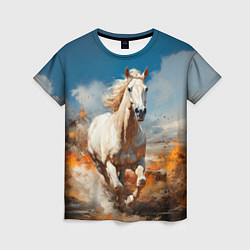 Женская футболка Белая лошадь скачет в поле