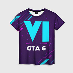 Женская футболка Символ GTA 6 в неоновых цветах на темном фоне