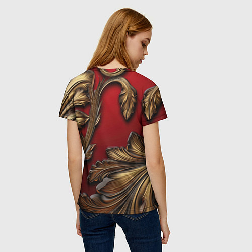 Женская футболка Золотые объемные листья на красном фоне / 3D-принт – фото 4