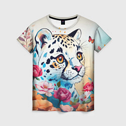 Женская футболка Мультяшный леопард в цветах