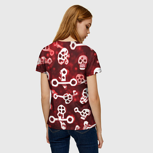 Женская футболка Белые черепки и кости на красном фоне / 3D-принт – фото 4
