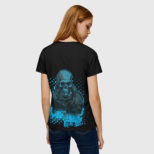 Женская футболка Синий скелет на чёрном фоне / 3D-принт – фото 4