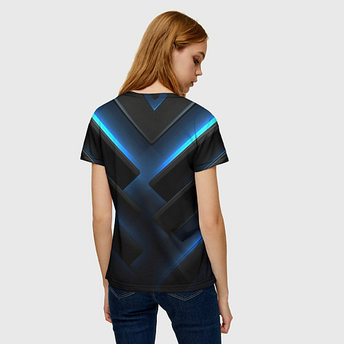 Женская футболка Черный абстрактный фон и синие неоновые вставки / 3D-принт – фото 4
