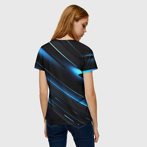 Женская футболка Черный абстрактный фон и синие неоновые вставки / 3D-принт – фото 4