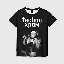 Женская футболка Techno храм монашка с бутылкой