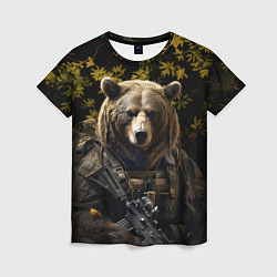 Женская футболка Медведь солдат в ночном лесу