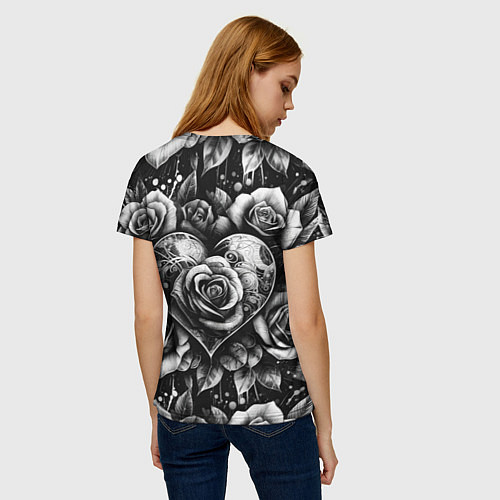 Женская футболка Черно белое сердце и розы / 3D-принт – фото 4