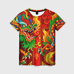 Женская футболка Японский традиционный красный дракон золотой узор