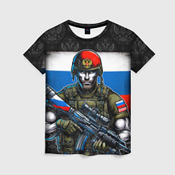 Женская футболка Русский солдат на фоне флага