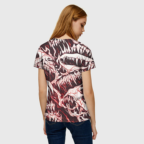 Женская футболка Белые клыки на красном фоне / 3D-принт – фото 4