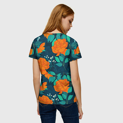 Женская футболка Паттерн с оранжевыми цветами / 3D-принт – фото 4