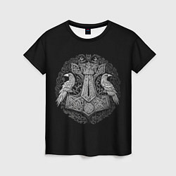 Женская футболка Вороны и символ молот тора - мьёльнир