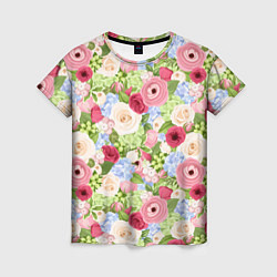 Женская футболка Фон с розами, лютиками и гортензиями