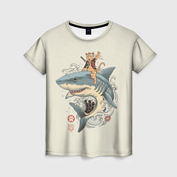 Женская футболка Кот якудза верхом на акуле
