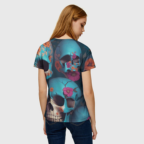 Женская футболка Черепа с цветами синие / 3D-принт – фото 4
