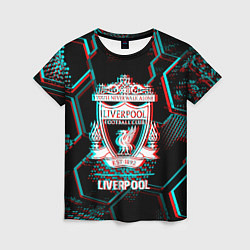 Женская футболка Liverpool FC в стиле glitch на темном фоне