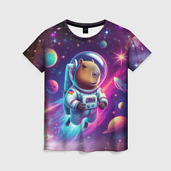 Женская футболка Космонавт капибара в неоновом космосе