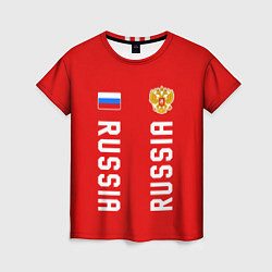 Женская футболка Россия три полоски на красном фоне