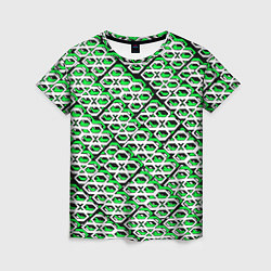 Футболка женская Зелёно-белый узор на чёрном фоне, цвет: 3D-принт