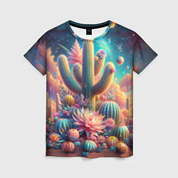 Женская футболка Кактусы цветущие под космическим небом