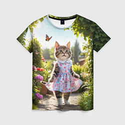 Женская футболка Кошка в летнем платье в саду