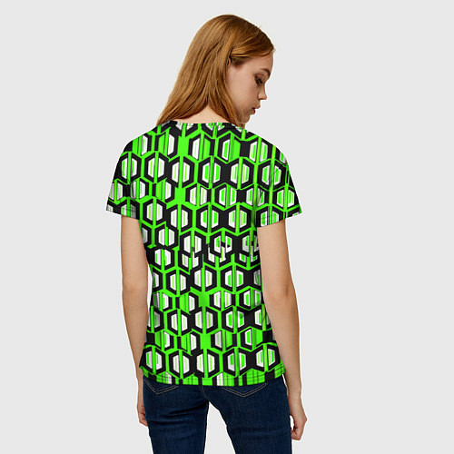 Женская футболка Техно узор из шестиугольников зелёный / 3D-принт – фото 4