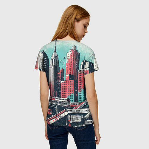 Женская футболка Силуэты небоскребов в брызгах красной и голубой кр / 3D-принт – фото 4