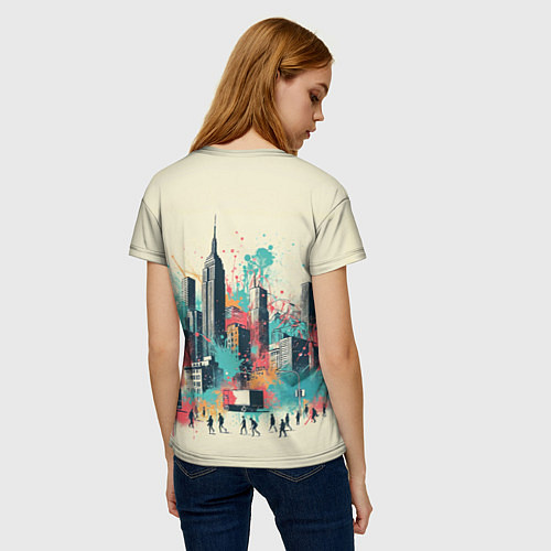 Женская футболка Силуэты людей и небоскребов в брызгах краски / 3D-принт – фото 4