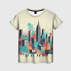 Женская футболка Силуэты людей и небоскребов в брызгах краски
