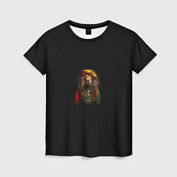 Женская футболка Лев хиппи с дредами на черном фоне