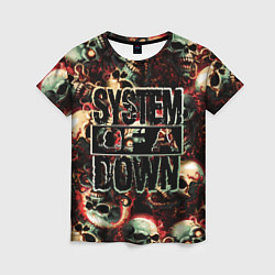 Женская футболка System of a Down на фоне черепов