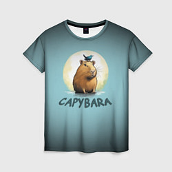 Женская футболка Капибара с птичкой на голове