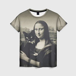 Женская футболка Мона Лиза держит кота в черно белом цвете