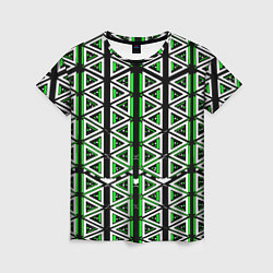Футболка женская Бело-зелёные треугольники на чёрном фоне, цвет: 3D-принт