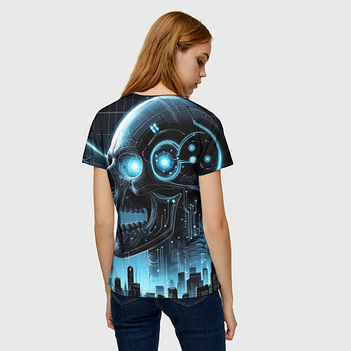 Женская футболка Cyberpunk skull - metropolis neon glow / 3D-принт – фото 4
