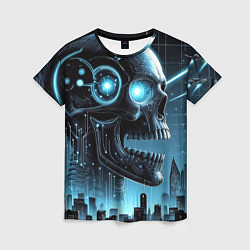 Женская футболка Cyberpunk skull - metropolis neon glow