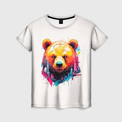 Женская футболка Мишка в городе: голова медведя на фоне красочного