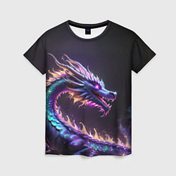 Женская футболка Неоновый сиреневый дракон на черном фоне